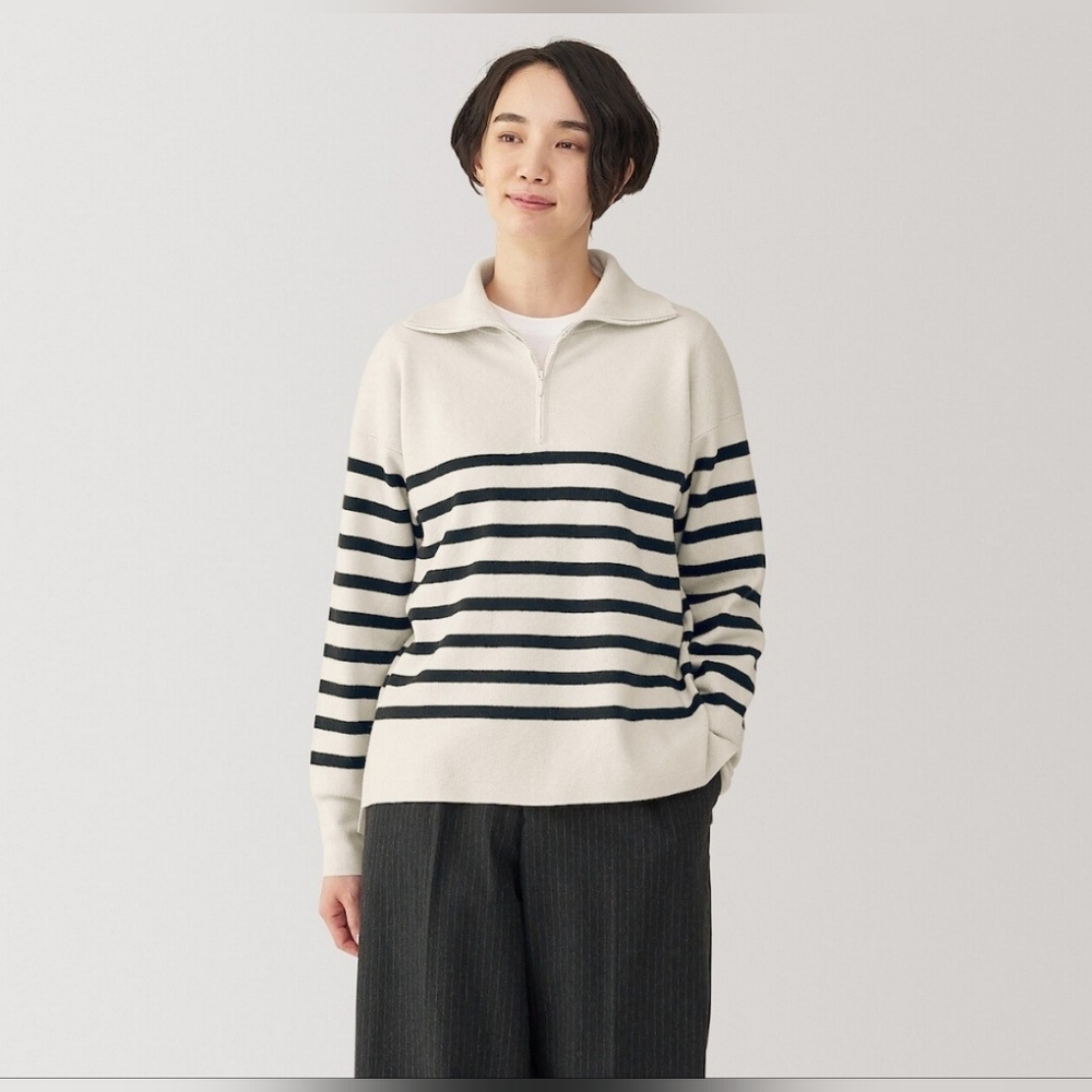 MUJI Washable Milano Ribbed Half Zip Sweater Off White Stripe Size Large